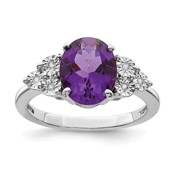 Oval Amethyst & .03 Ctw Diamond Ring in Sterling Silver - Size 7